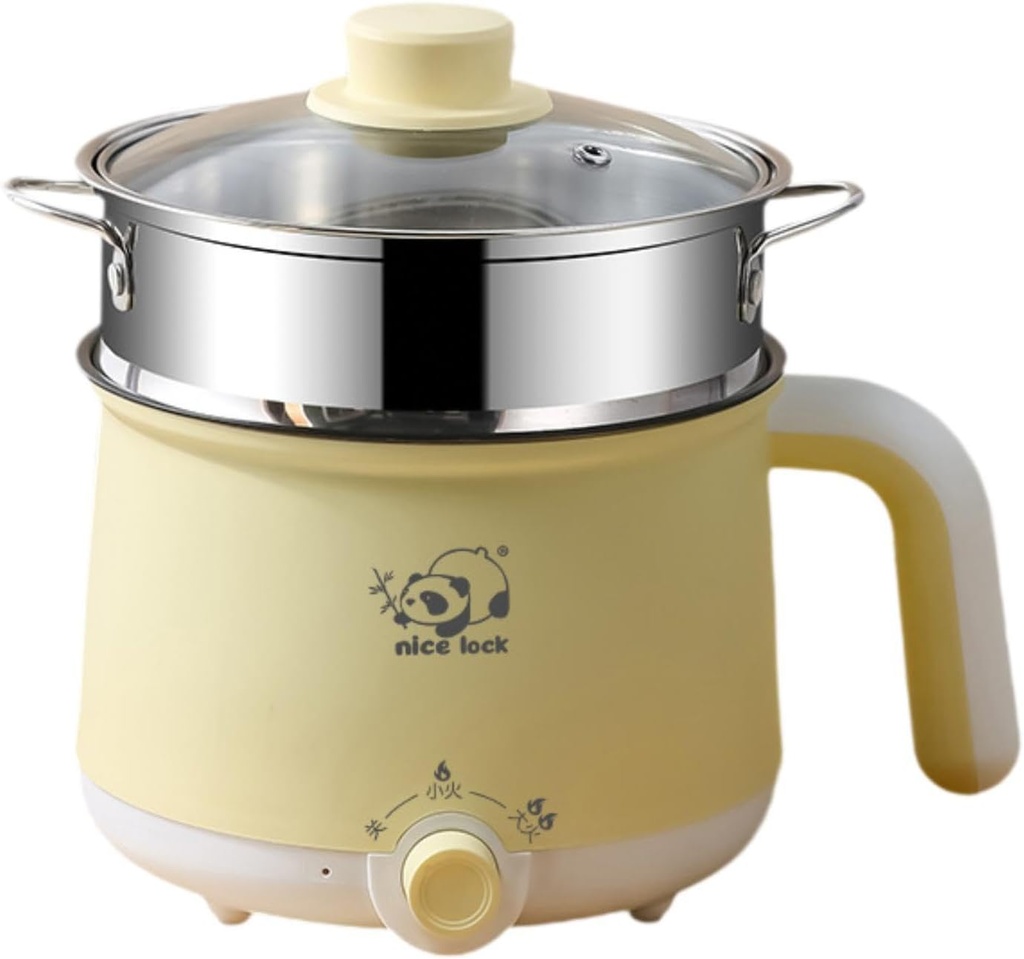 Electric Hot Pot Raman Cooker 2 Gear Nonstick Boil Dry Protection Electric Rice Cooker Noodles Cooker for Porridge Fry Eggs, steel steamer