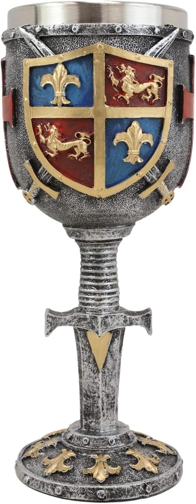 Ebros Lion And Fleur De Lis Coat Of Arms Heraldry Medieval Renaissance Crusader Knight Suit of Armor Drinkware Serveware With Excalibur Sword Handle Stem Decor Accent (Wine Goblet Chalice)