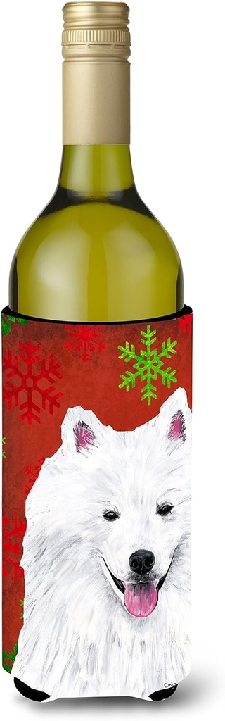 Caroline's Treasures SC9419LITERK American Eskimo Red and Green Snowflakes Holiday Christmas Wine Bottle Hugger Bottle Cooler Sleeve Hugger Machine Washable Collapsible Insulator Beverage Insulated Ho