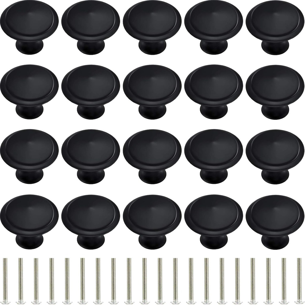 Ripeng 20 Pieces Black Round Kitchen Cabinet Knobs 1 Inch Cabinet Pulls Knob Cabinet Door Handles Round Drawer Handles Hardware Cupboard Knobs and 20 Screws