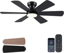 BayDay 46 inch Ceiling Fans with Lights, Black Ceiling Fan with Remote APP, Dual-Sided Modern/Rustic 6 Blades, Reversible, 3CCT, Flush Mount Low Profile Ceiling Fan with Lights Bedroom Kitchen Indoor
