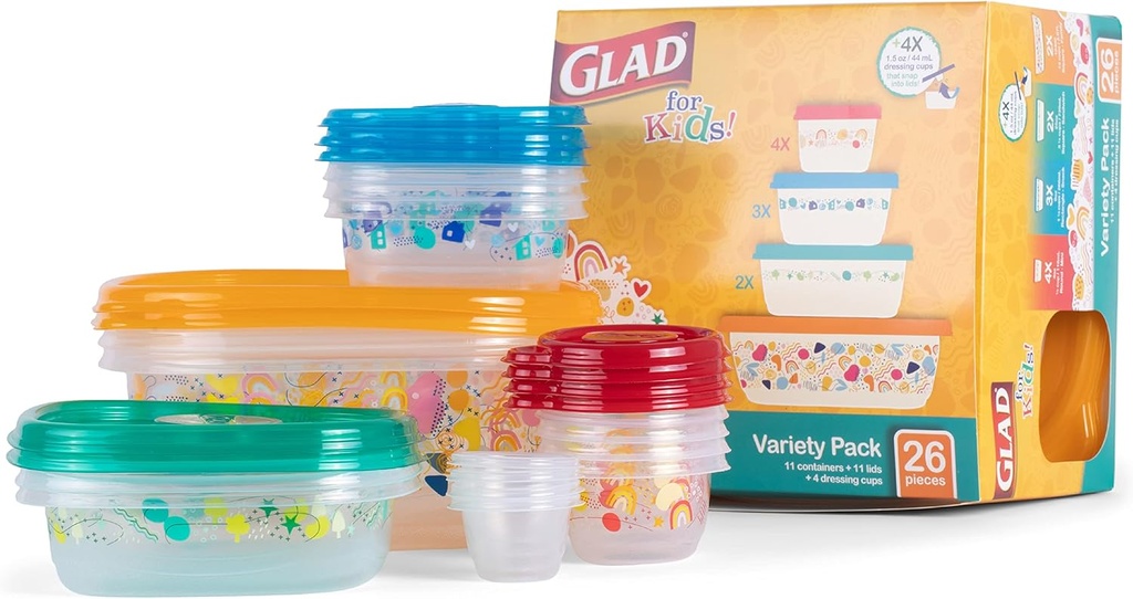 Glad for Kids GladWare Variety Pack - Back-to-School Food Storage Containers with Lids - Mixed Sizes with Rainbow and Cute Patterns - Tight-Sealing Kids Lunch Set - 26 Pieces
