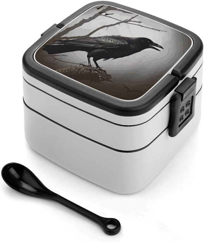 Bento Box Stackable Lunch Box with 2 Compartments Leak-Proof Food Storage Containers Crow Birds Bento Lunch Box for Adults Lunch Containers with Utensil Set, Black