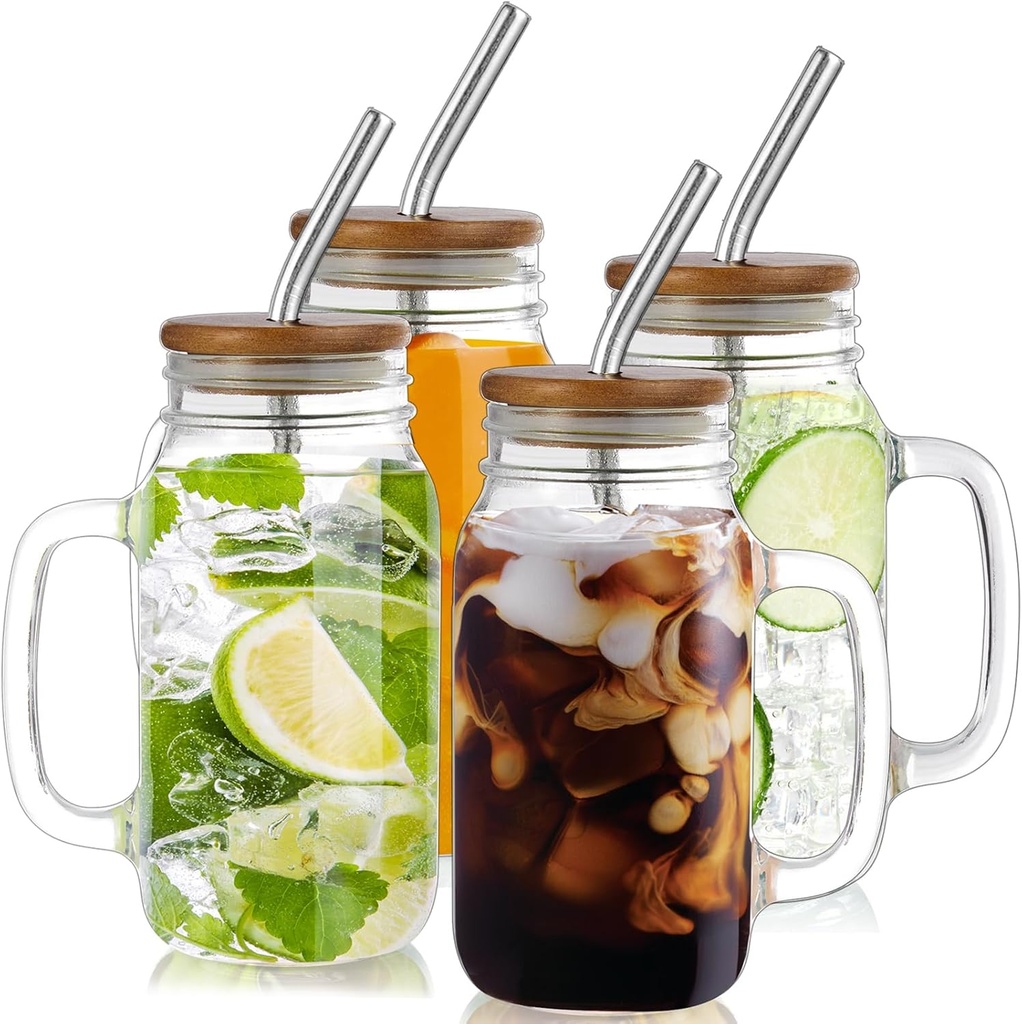 DRASTAR 24oz Iced Coffee Cups Set of 4, Mason Jar Cups, Glass Cups with Lids and Straws, Mason Jars with Handles, Mason Jar Drinking Glasses