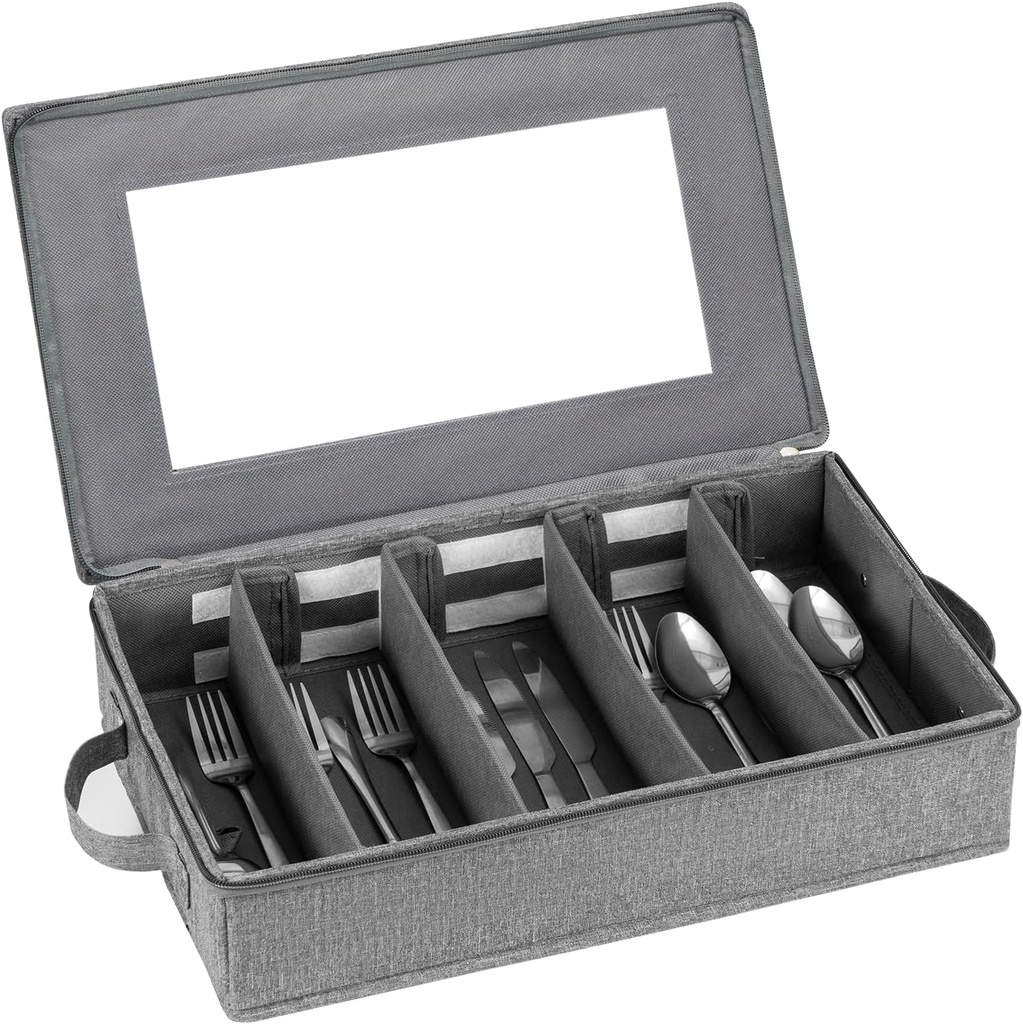 Flatware Utensil Storage Case, Silverware Storage Box Chest with Adjustable Dividers, Cutlery Storage Holder with Zipper Lid for Organizing Cutlery, Flatware, Knives, Large Capacity Gray