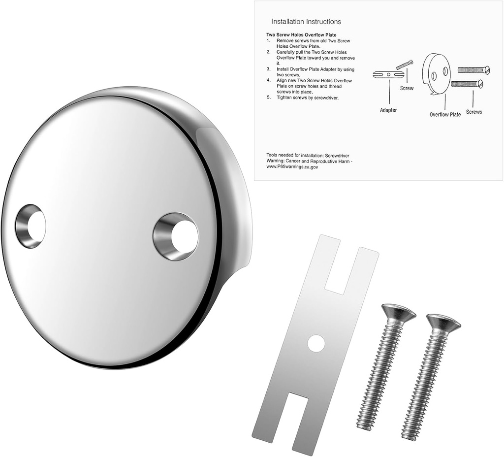 2-Hole Bathtub Overflow Cover Plate with Adapter, Brushed Nickel, Installation Hardware Included (Chrome)