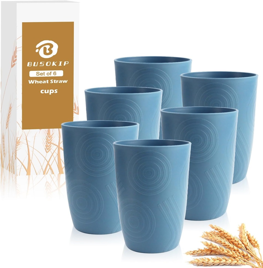 Drinking Glasses Wheat Straw Cups Alternative to Plastic Cups 16 OZ - Unbreakable Cup Set of 6 Reusable Drinking Cup Plastic Glasses Tumbler Dishwasher Safe Cups for Kitchen - Blue