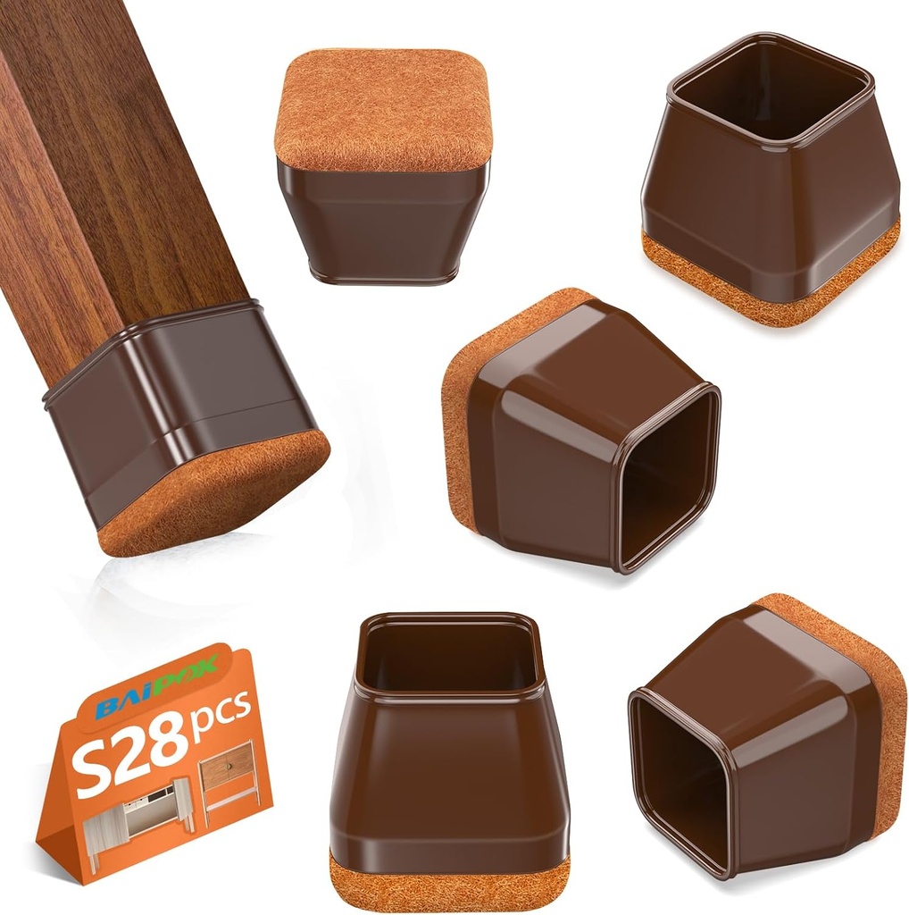 28Pcs Square Chair Leg Floor Protectors with Wrapped Felt Bottom, Silicone Chair Leg Protectors for Hardwood Floors, Chair Legs Cover Prevents Scratches & Reduce Noise (Brown S Fit 0.87"-1.10")