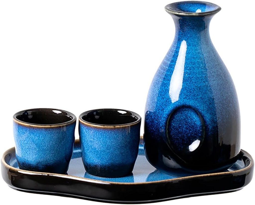 Sizikato Porcelain Sake Set with Tray, Including 1 Sake Bottle and 2 Sake Cups.