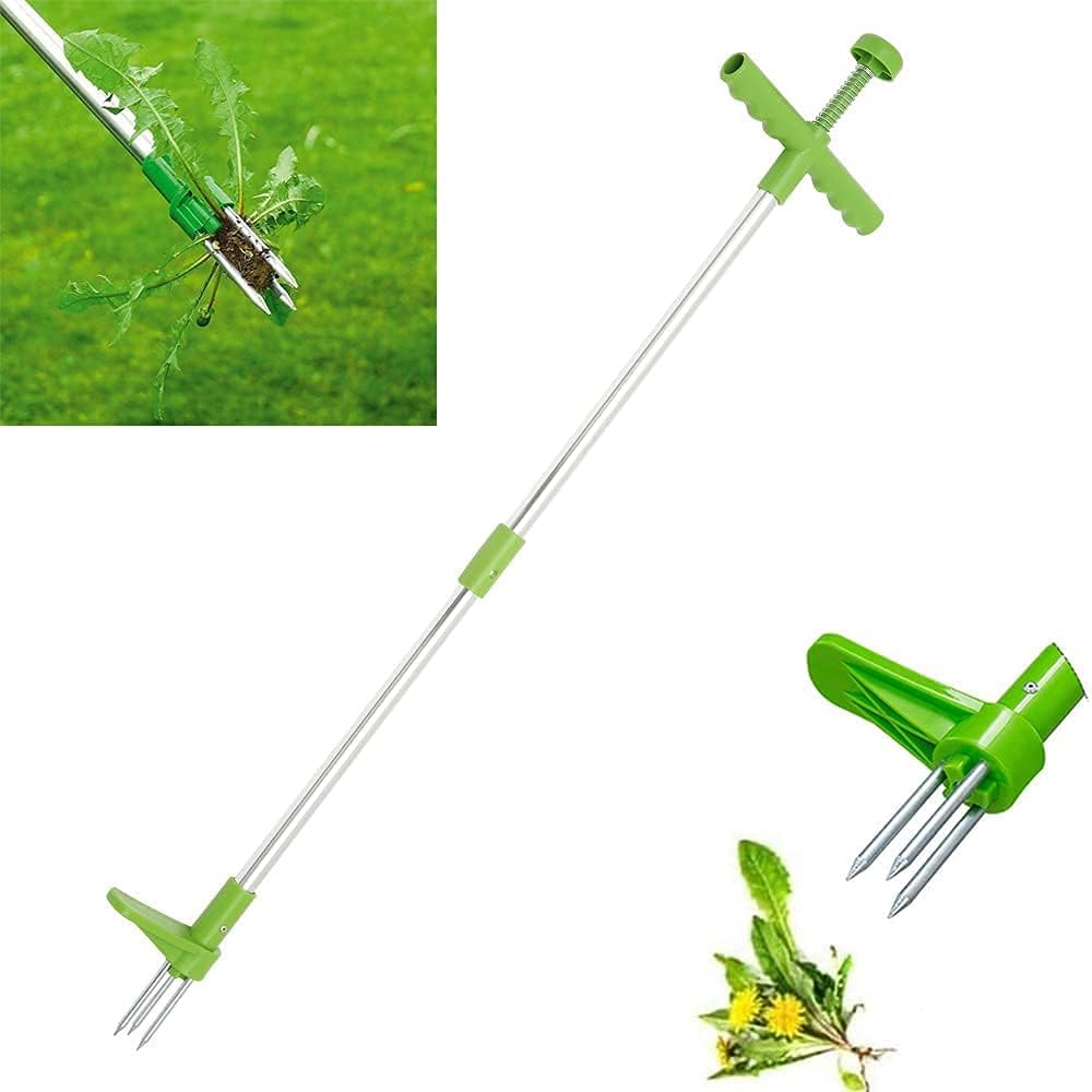 Stand-Up Weeder Root Removal Tool with 3 Stainless Steel Claws, 39" Long Reinforced Aluminum Alloy Pole Manual Remover Weed Puller Hand Tool with High Strength Foot Pedal