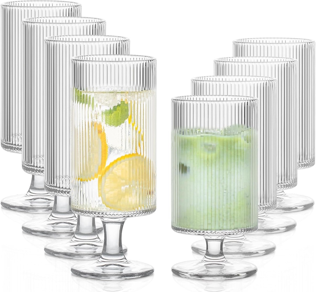 INSETLAN Set of 8 Ribbed Glass Goblets–4 Goblets Glassware 12oz, 4 Short Stem Wine Glasses 10oz, Vertical Stripe Stemmed Glassware, Ideal for Juice, Water, Iced Coffee, Whiskey, Mixed Drinkware
