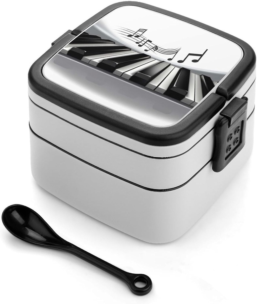 Piano Music Symbol Bento Box with Spoon, 2-layer Stackable Lunch Box Leak Proof with Invisible Handle, Insulated Food Storage for Office, Picnic & Travel