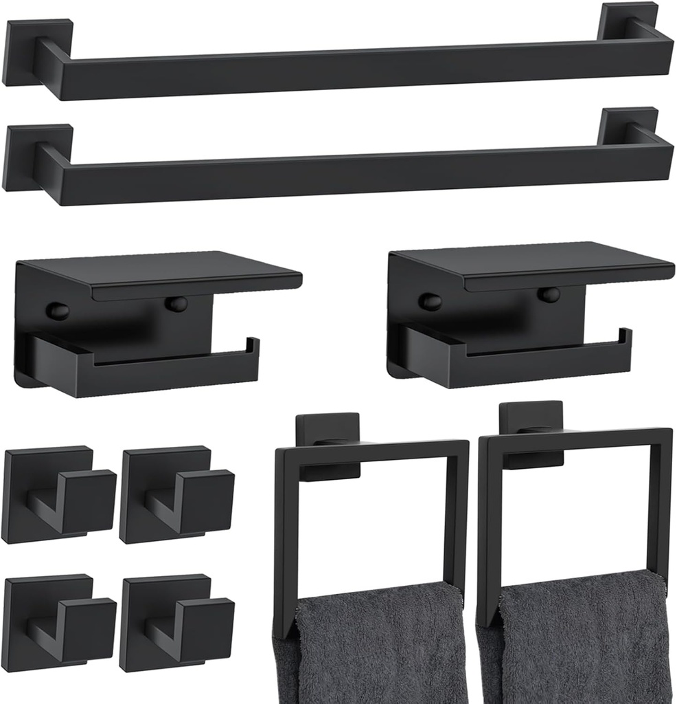 10 Pieces Black Towel Bar Set Bathroom Hardware Accessories Set Upgraded Toilet Paper Holder with Shelf Towel Holder Set for Bathroom Stainless Steel Wall Mounted 23.6in