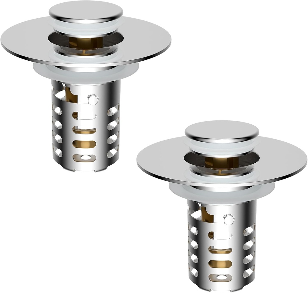 Upgraded Bathroom Sink Drain Strainer Hair Catcher 2PCS Universal 3 in 1 Pop-up Sink Stopper, Fit for Standard 1.1''~2.36'' Basin Hole, with Detachable Stainless Steel Filter Basket, Chrome