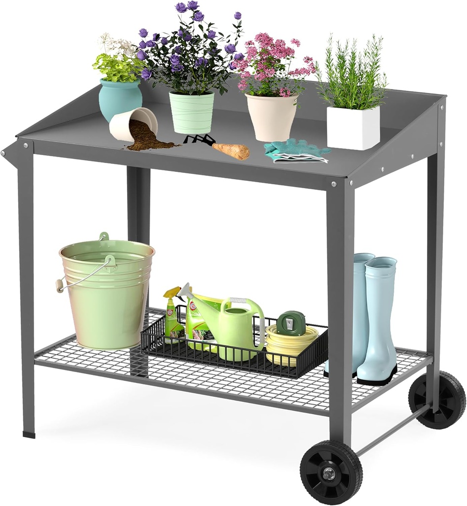 Outdoor Metal Potting Bench with Wheels, Heavy Duty Garden Workbench Table with Storage Shelf (Dark Gray, 36"x38.8")