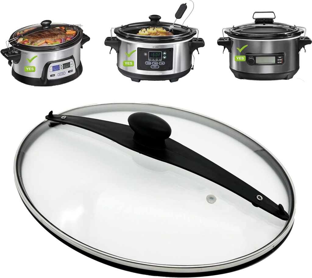 Oval Glass Lid Compatible with Hamilton Beach Slow Cooker (6quart) Model 33969 33866 33861, The Silicon Ring around the lid help to seal the pot, Clips help to lock the lid.