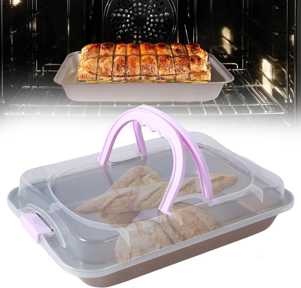 Baking Pan with Lid, 10x14 Inch Rectangular Cake Pan with Wide Handle, Nonstick Bakeware Baking Pan, Cake Carrier Pan for Roasting Baking Storing Oven and Freezer Safe