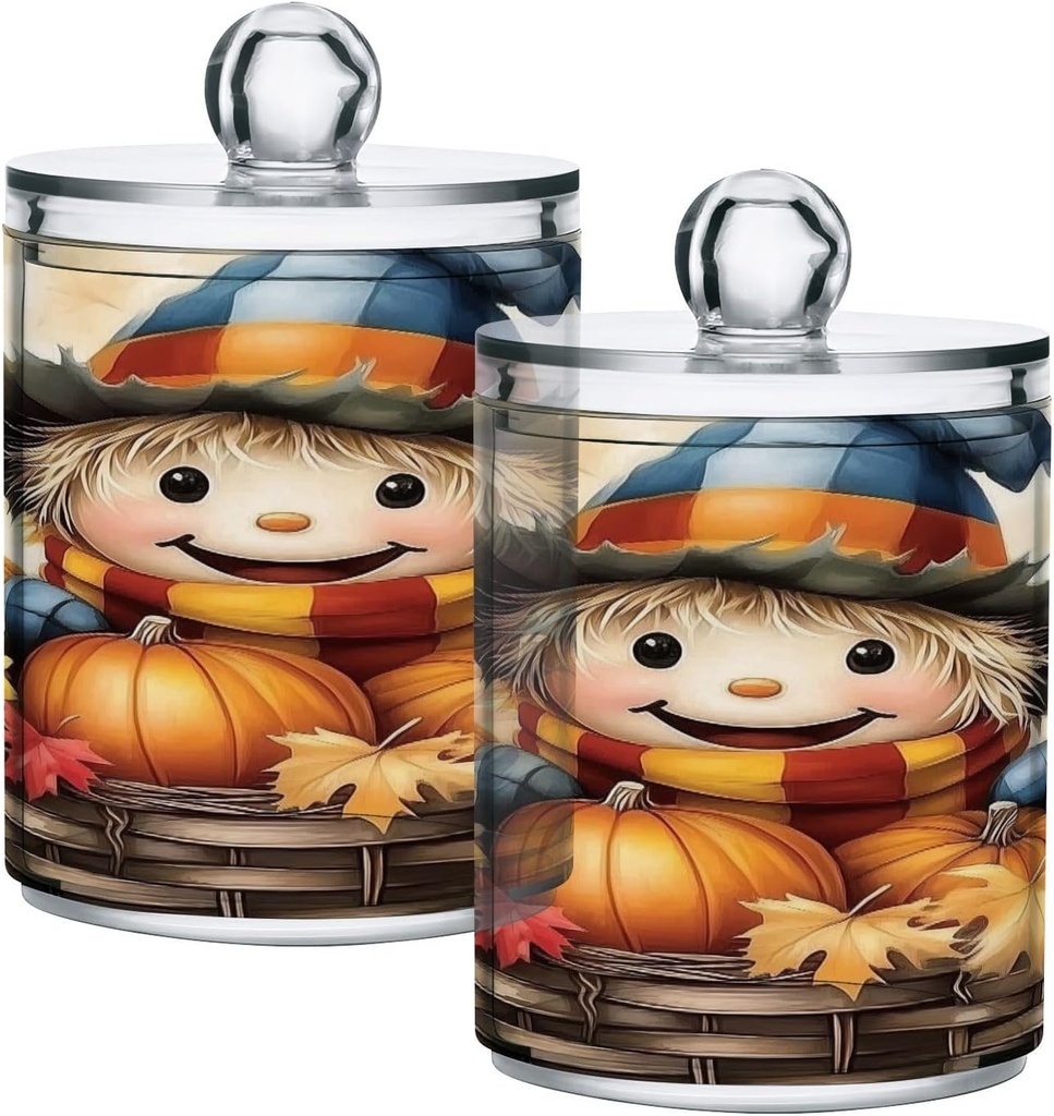 Acrylic Plastic Clear Jar with Lid, Scarecrow Autumn Basket Leaf Pumpkin Airtight Storage Jar 2 Pack Kitchen Storage Containers for Cookie Snack Candy