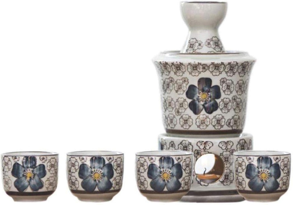 7 Piece Sake Set with Warming Pot and Candle Stove, Unique Elegant Black Glaze Wine Glass Set, Lead-Free Ceramic Warm Sake Set