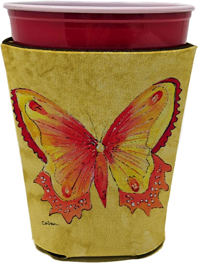 Caroline's Treasures 8857RSC Butterfly on Yellow Red Cup Hugger Cup Cooler Sleeve Hugger Machine Washable Drink Sleeve Hugger Collapsible Insulator Beverage Insulated Holder