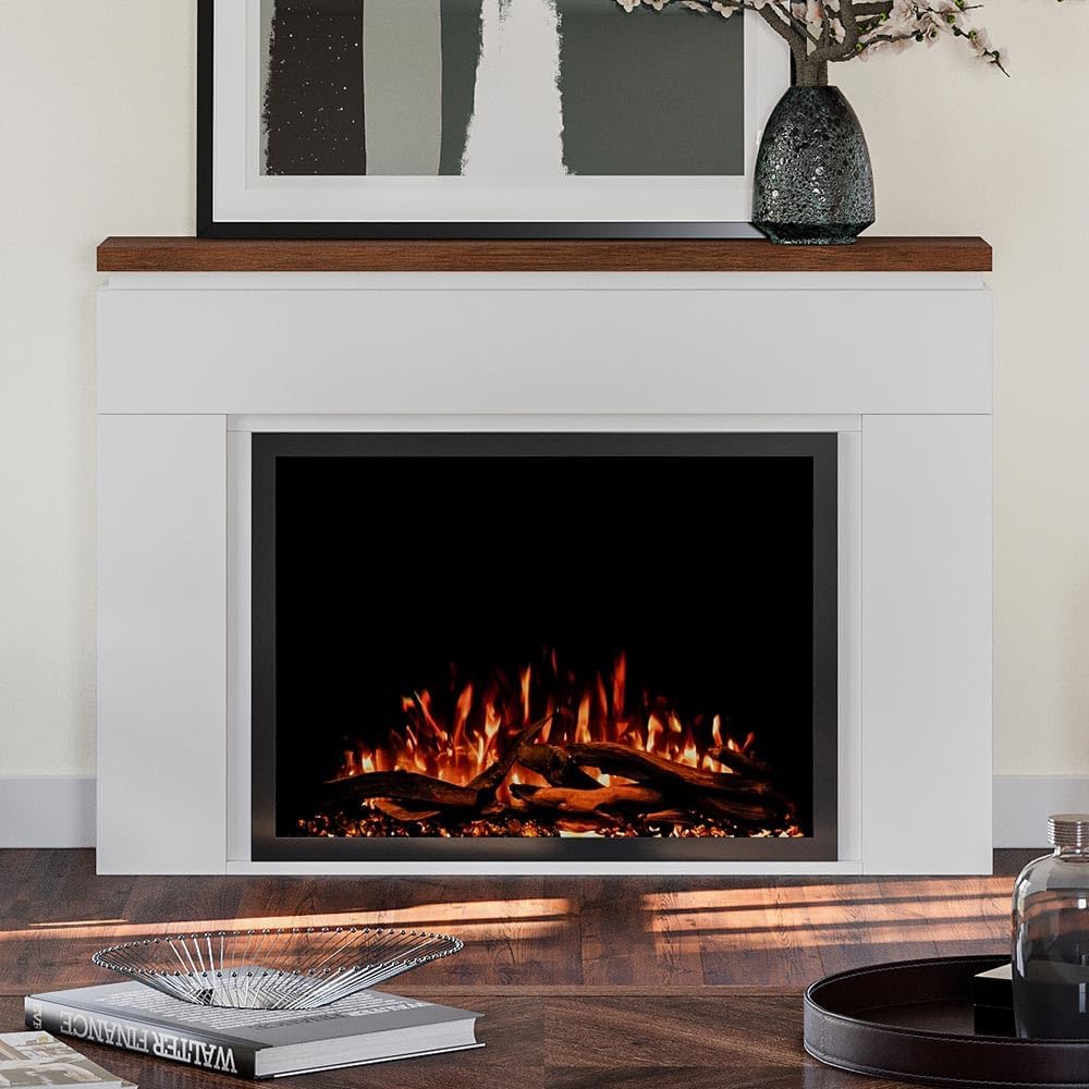 Modern Ember Sabrina Smart Electric Fireplace Mantel Package | 33” Firebox Heater | Sleek Design w/Walnut Finish Mantel | Multi-Flame Colors & Speed | Alexa/WiFi Enabled - Remote Included