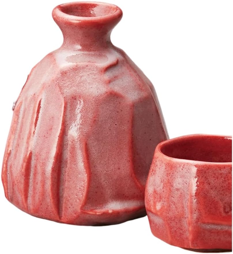 Ale-net Sake Set Tokkuri Ochoko Set 390cc Red Raku Style No. 2 Tokkuri & Guinomi (2 Pieces) Set Pottery Mino Ware