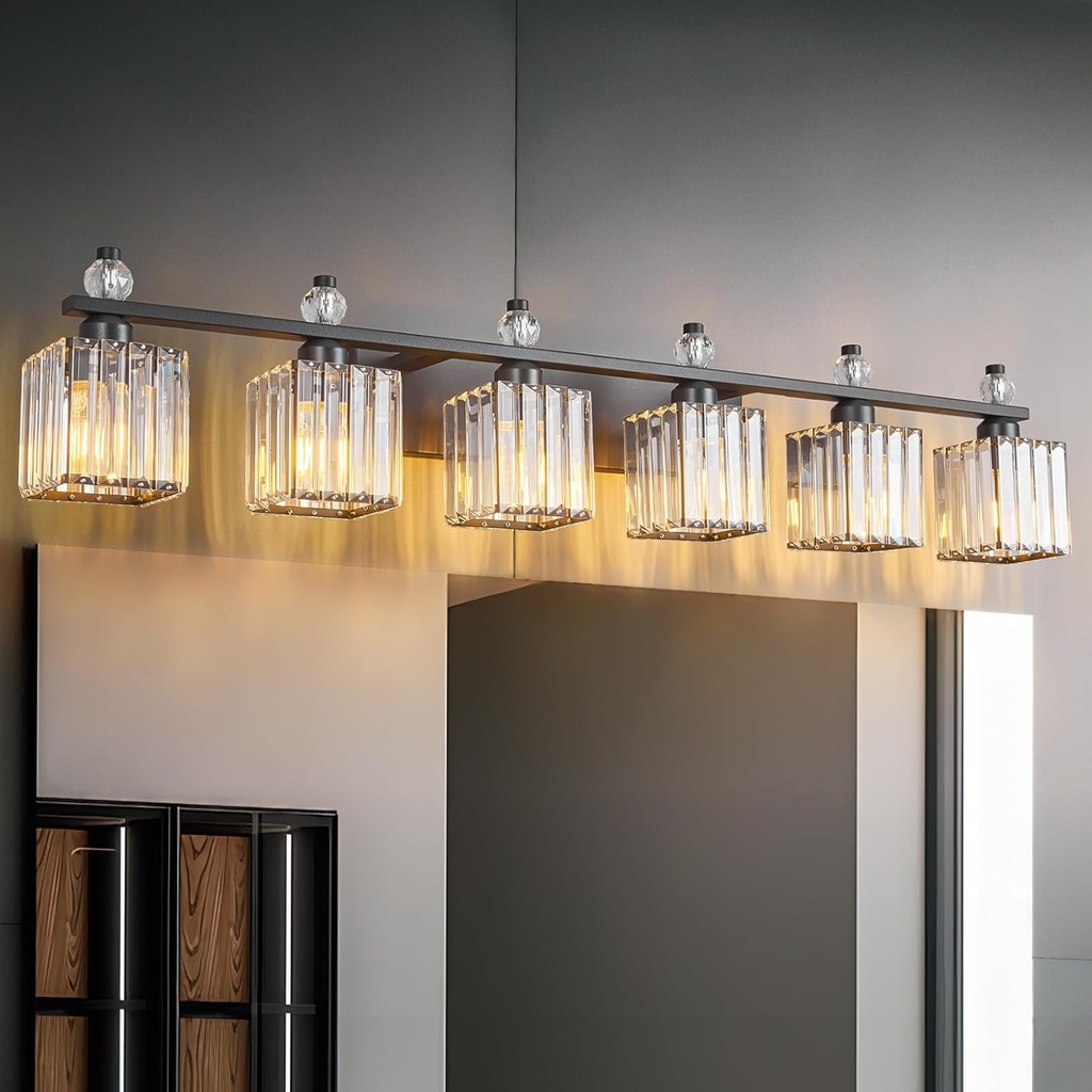 Vanity Lights 6-Light Modern Crystal Vanity Light Sand Black Bathroom Light Fixtures Over Mirror Crystal Bathroom Vanity Lighting Fixtures