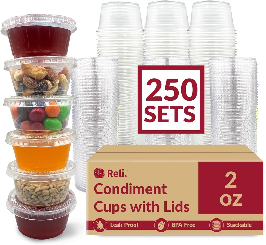 Reli. 2 oz Small Containers with Lids (250 Sets) | Jello Shot Cups with Lids | Clear Plastic Condiment Containers | Portion Cups, Sauce, Souffle | Stackable | Bulk