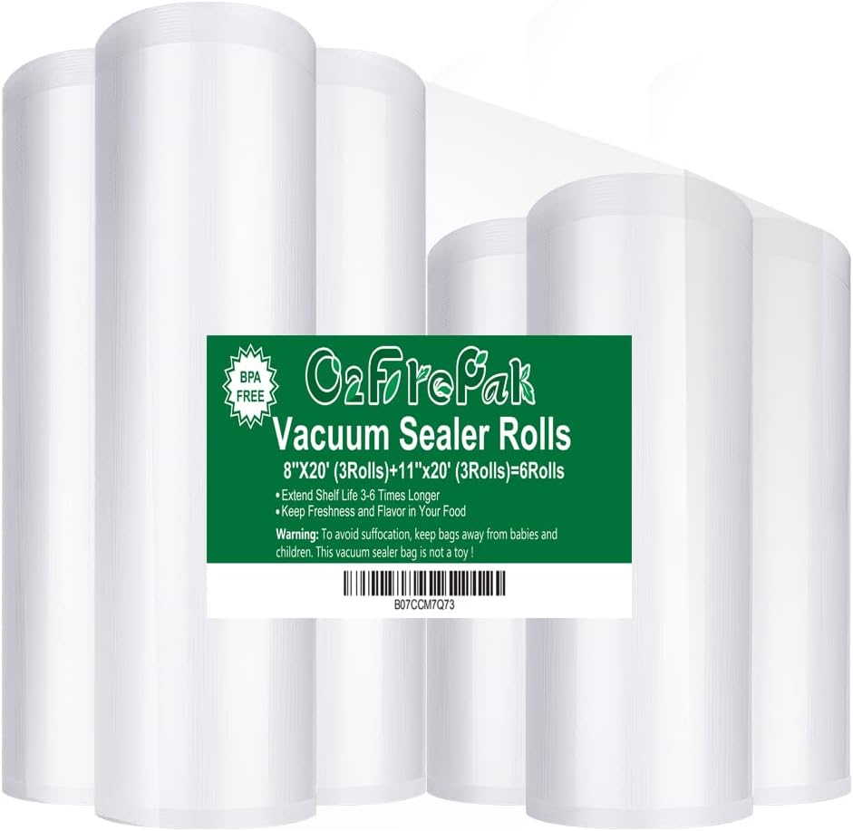 O2frepak 6Pack 8"x20'(3Rolls) and 11"x20' (3Rolls) Rolls Vacuum Sealer Bags Rolls with BPA Free,Heavy Duty Vacuum Sealer Storage Bags Rolls,Cut to Size Roll,Great for Sous Vide Cooking