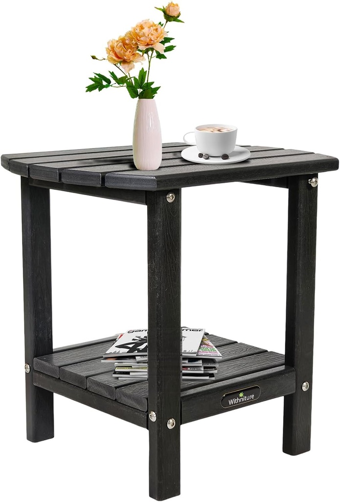 Adirondack Outdoor Side Table, 2-Tier Storage Patio Side Table, HDPE End Tables, Pool Composite Patio Table for Backyard Porch Garden Lawn (Black)