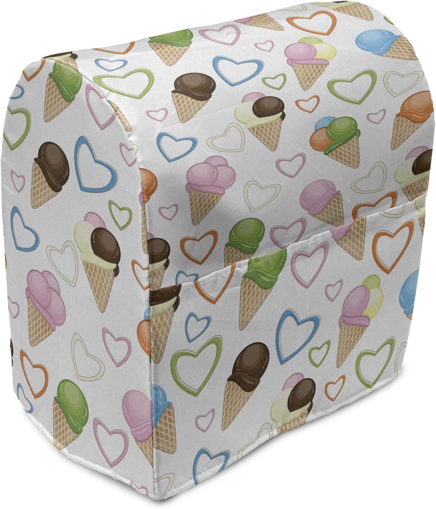 Lunarable Ice Cream Stand Mixer Cover, Refreshing Summer Food with 3 Different Scoops and Colorful Hearts, Kitchen Appliance Organizer Bag Cover with a Pocket, 6-8 Quarts, Multicolor