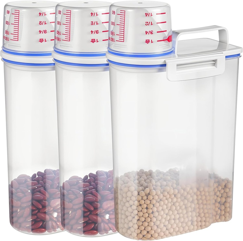 3 Pcs Rice Storage Containers (4 Lbs / 2 Kg Each) – Airtight BPA-Free ABS Plastic Dispenser with Measuring Cup & Pour Spout for Rice, Cereal, Pet Food, and More (Blue + Clear)