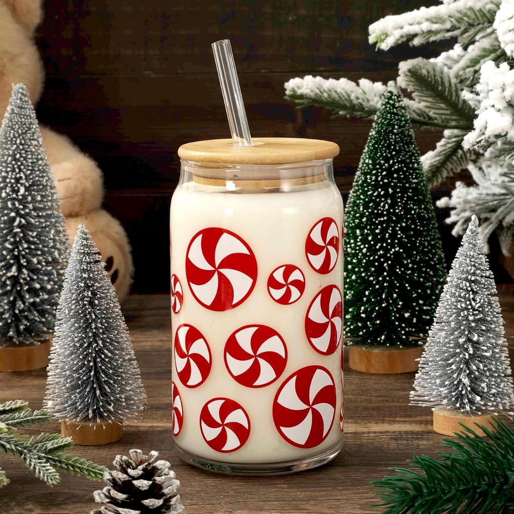 Whaline Christmas Drinking Glasses Red White Candy Iced Coffee Cup 16oz Xmas Candy Glass Cup with Lids and Straw for Cocktails Whiskey Beer Soda Gifts