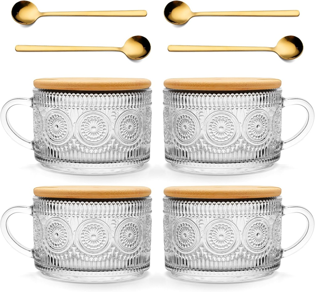 Today's Present 4pcs Vintage Glass Coffee Mugs Gifts for Women, Overnight Oats Containers With Bamboo Lids and Spoons, 14oz Clear Embossed Drinking Glass Cups, Iced Coffee Glasses, Tea Cups