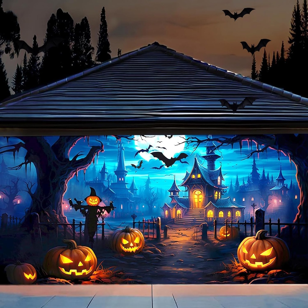 Halloween Garage Door Banner 7 x 16 Ft Extra Large Hanging Backdrop Door Cover Horror Moon Night Spooky Party Decorations Outdoor Home Yard Wall Haunted House Decor Photo Backgrounds (Blue)