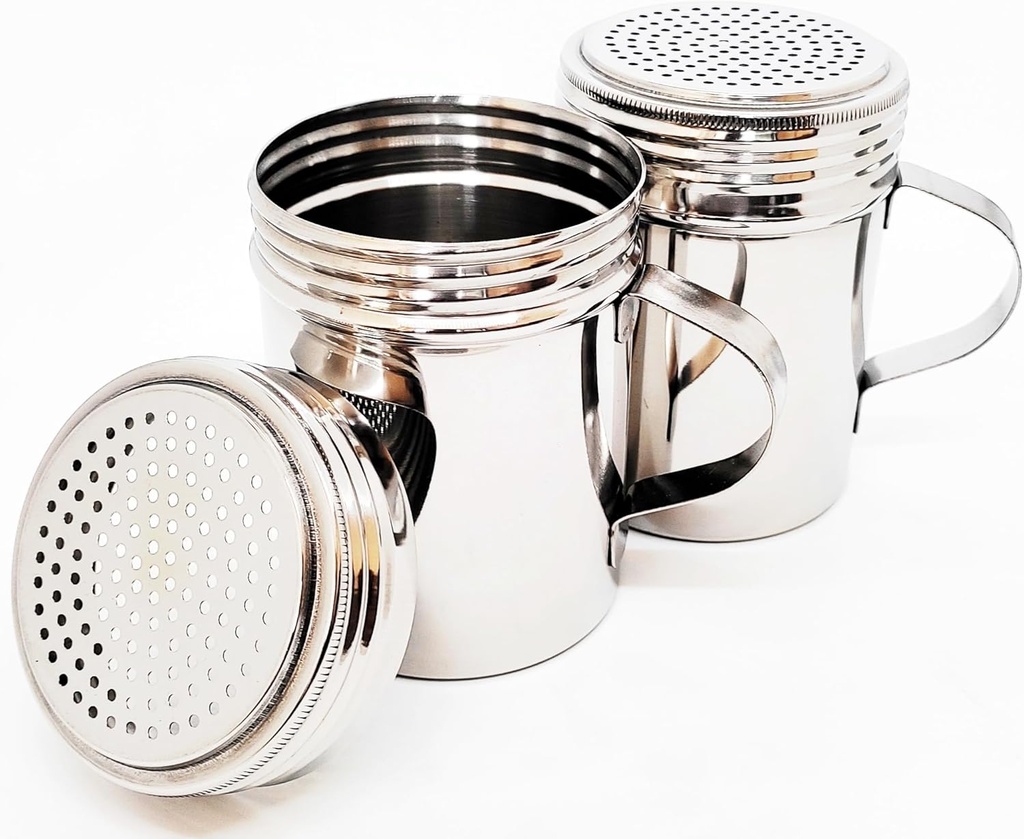 KERAM Metal Salt and Pepper Shakers, Dredge 10 Oz, Pack of 2, powdered sugar/cinnamon/flour/spice/seasoning shaker duster with holes, handle and lids restaurant supplies outdoor kitchen accessories