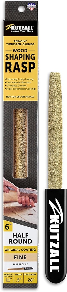 Kutzall Original 6" Half-Round Hand Rasp - Fine, Wood Rasp/File for Woodworking & Shaping, W/Ergonomic Soft Grip Handle, Abrasive Tungsten Carbide Coating - 11" (279.4mm) Overall Length - HR6170