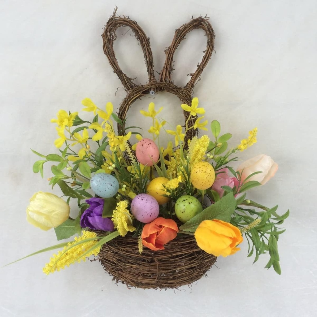 Easter Bunny with Flowers & Eggs Hanging Basket