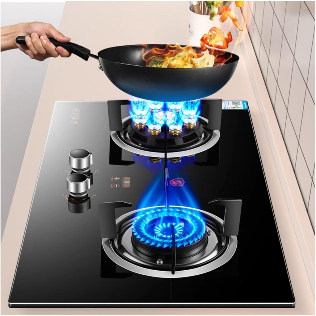 Gas Cooker with 2 Burners,5.2KW Camping Gas Stove,Independent Timer Both Sides,with Flameout Protection,for Home Kitchen(NG)