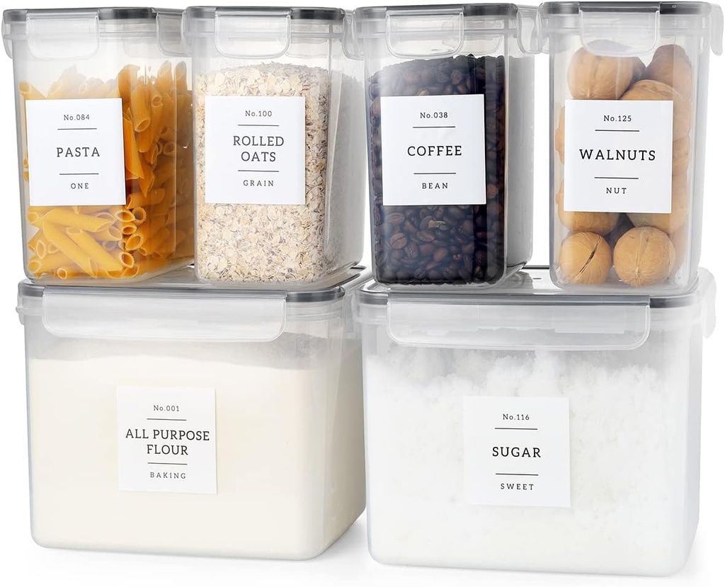 6 Pcs Airtight Flour and Sugar Containers with 132 Kitchen Pantry Labels Preprinted - Stackable Plastic Cereal Storage Canisters with Lids