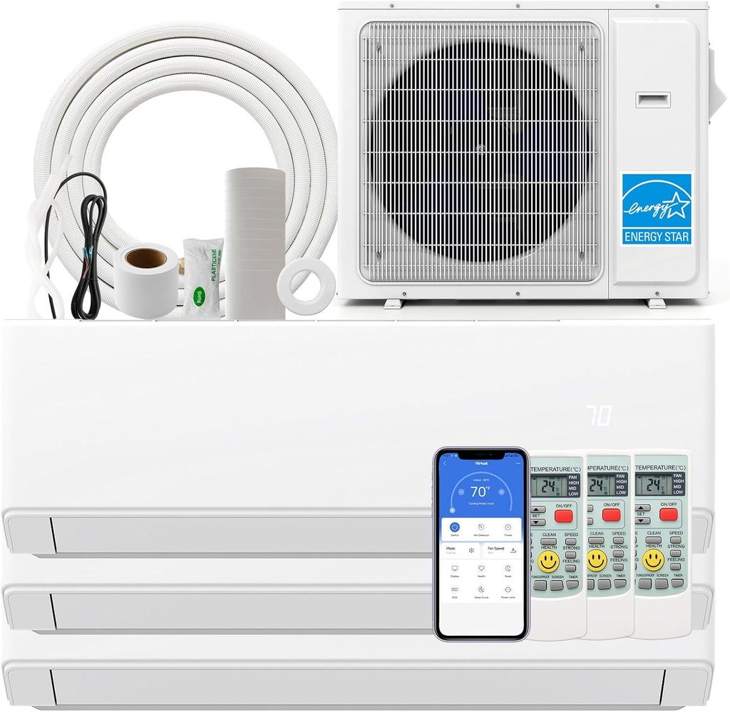 SIMOE 30k Tri 3 Zone Mini Split Air Conditioner, 23 SEER2, 9k+9k+12k BTU, 208-230V, Wifi-Enabled Ductless, Multi Zones Mini Split AC Heat Pump Full Set, Ductless Energy Star, Installation Kit
