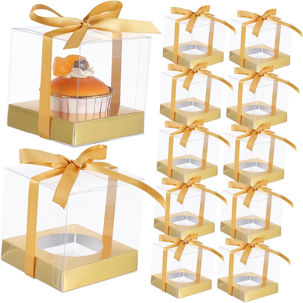 BESTYASH 12Pcs Transparent Cake Boxes with Ribbon PVC Cake Packaging Organizers for Parties Birthdays Weddings and More Design for Safe Transport