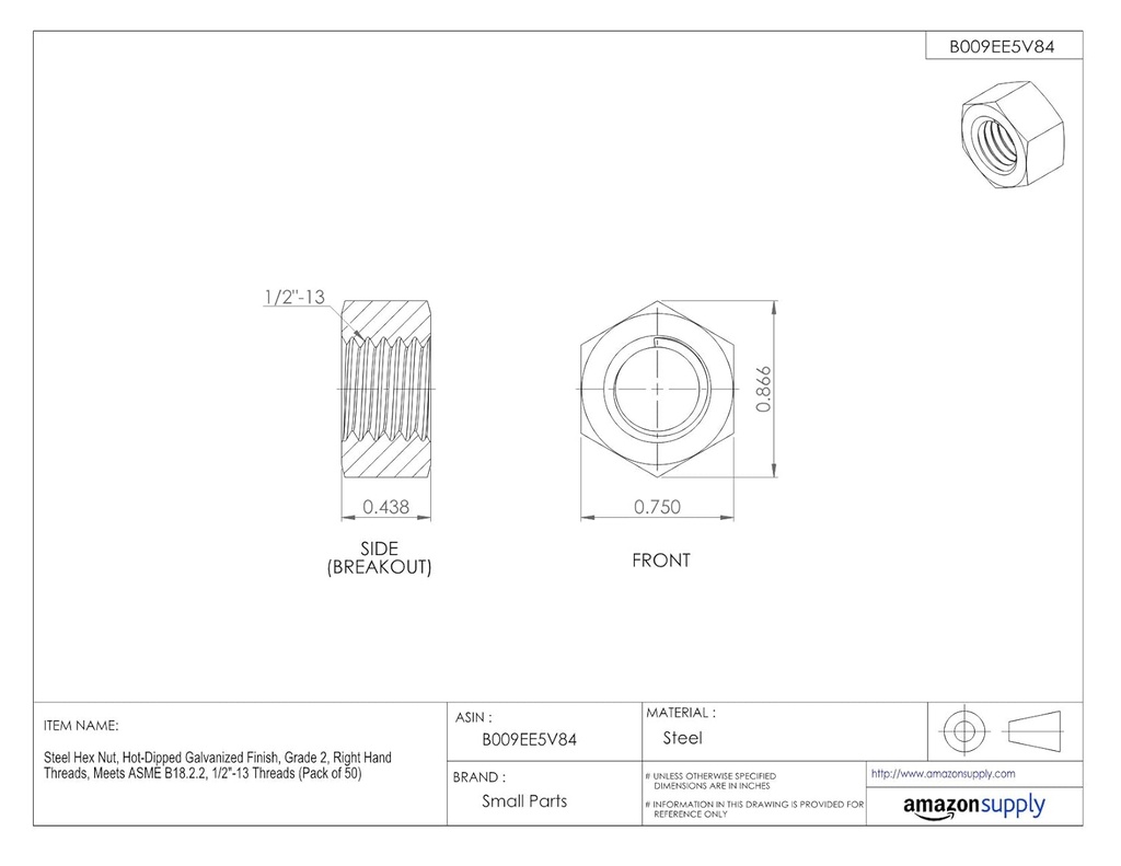 Steel Hex Nut, Hot-Dipped Galvanized Finish, Grade 2, ASME B18.2.2, 1/2"-13 Thread Size, 3/4" Width Across Flats, 7/16" Thick (Pack of 50)