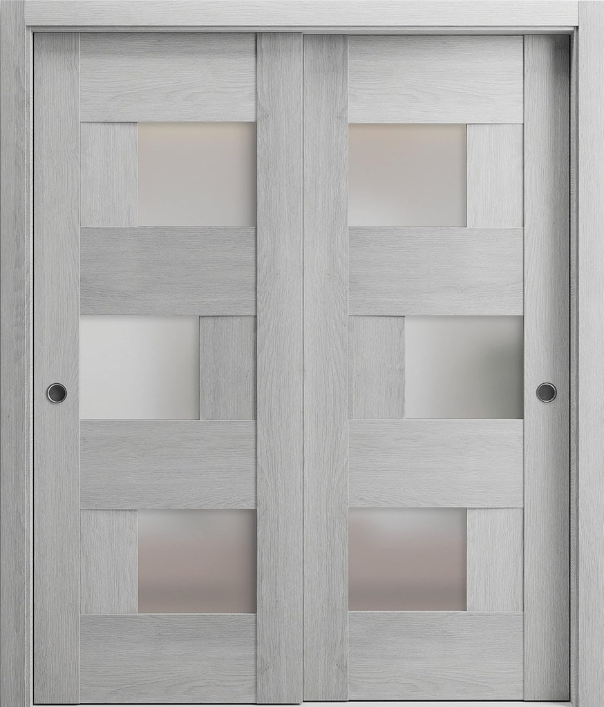 VDOMDOORS Sete 6933 Bypass Interior Doors with Frosted Glass, MDF, 64x80, Oak, Modern Style Hardware Included