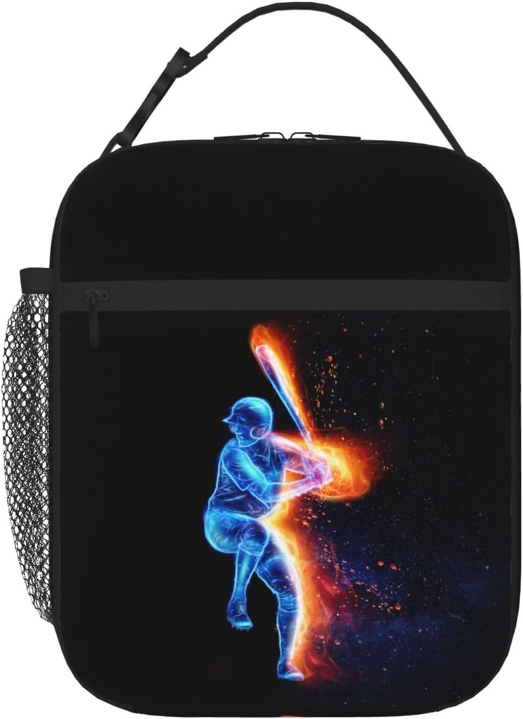 Boys Insulated Lunch Box with a Blue Baseball Player Pattern Print, Sports-themed Lunch Bags with Water Bottle Holder for Adults Kids Teens, Reusable Portable Tote Meal Bags Gifts for Son Daughter