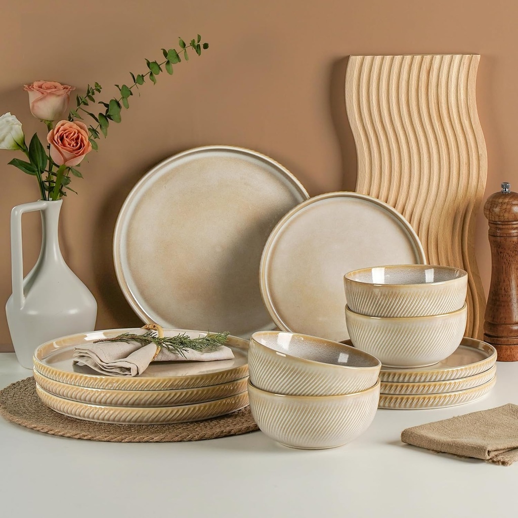 Stoneware Dinnerware Sets for 4, 12-Piece Scratch Resistant Plates and Bowls Set, Dishwasher and Microwave Safe Ceramic Dishes Set, Ribbed, Sculpted Dune