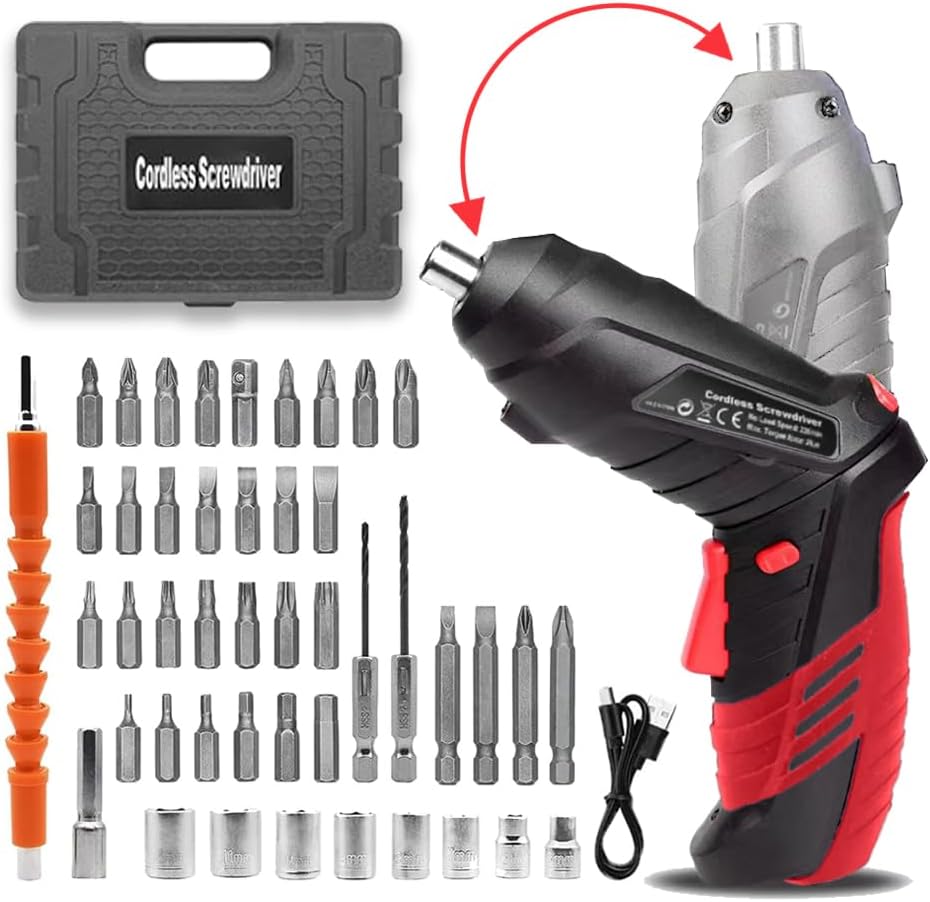 Cordless Power Screwdriver Electric Screwdriver Rechargeable Set, Battery Powered Screwdriver Kit Including 46pcs Bits, Pivoting Handle and LED Lights Small Drills Cordless (Red)