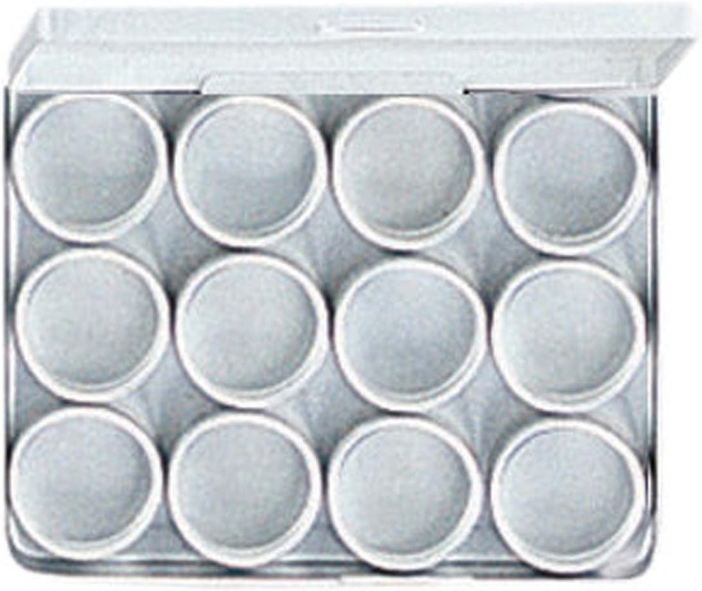 BIN BUDDY 12 Pc Aluminum Mini Jars | 1.25" (3.2 cm) Diameter x 0.6" (1.5 cm) Height | Matte Finish | Clear Lids | 5.5" (14 cm) x 4" (10.2 cm) Storage Case | Ideal for Gems, Beads & Jewelry