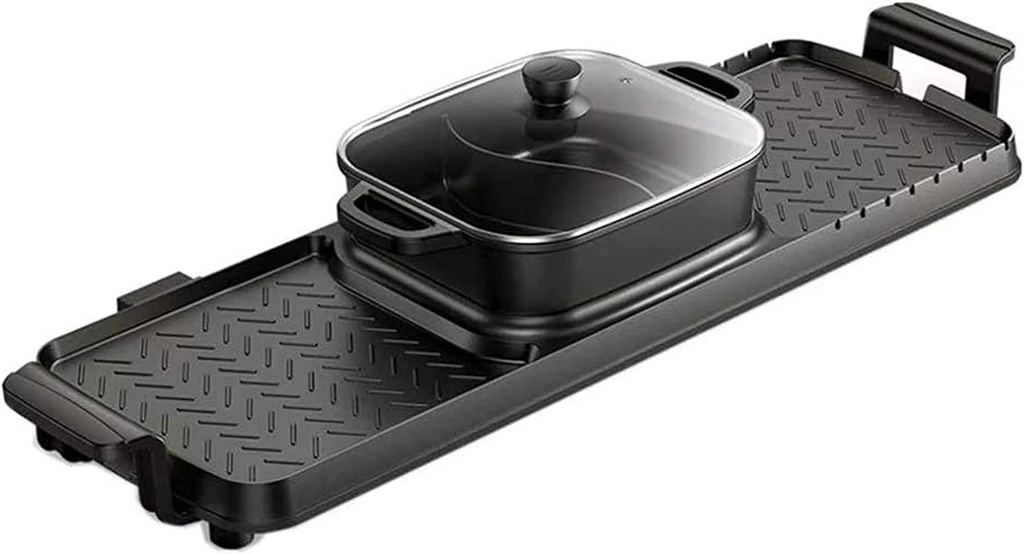Electric Hot Pot Indoor Korean BBQ Grill Teppanyaki Two-in-one Pot with Non-Stick Pan,Separate Dual Temperature Control, 2-12 People Garthing, 220V black 77 * 26CM,Household ( Color : B , Size : 77*26