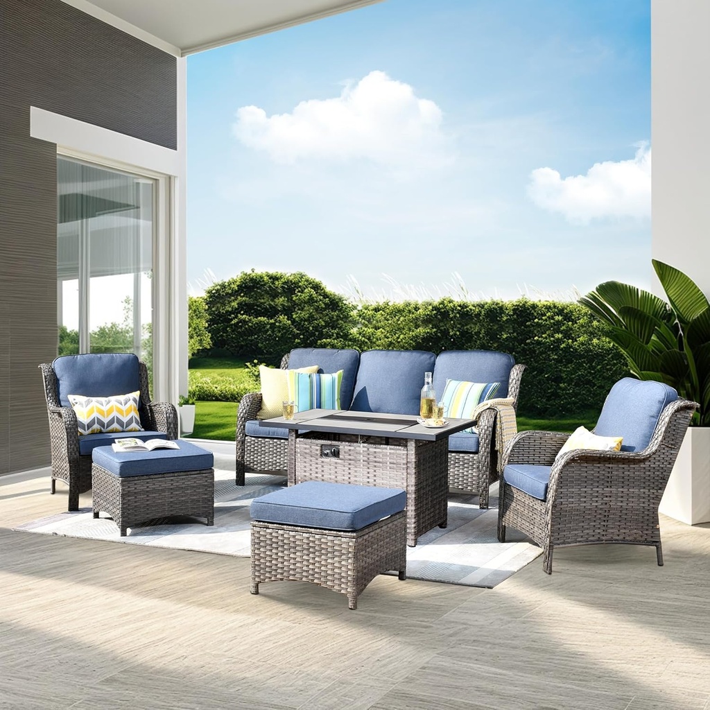 ovios 6 Pieces Patio Furniture Set with 42" Fire Pit Table, Outdoor Wicker Sofa with Ottomans, Comfy Cushions, High Back Couch Conversation Set, Grey Rattan, Denim Blue